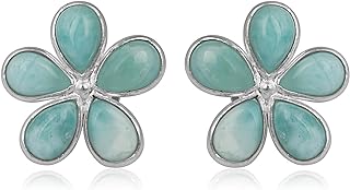 Silver Eternity Larimar 925 Sterling Silver Flower Stud Earrings Jewelry