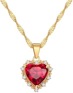 Red Heart Necklace Love Heart Pendant with Birthstone Crystal Charm Necklaces for Women Teen Girls 18K Gold Plated Dainty Necklace Trendy Jewelry Gifts Anniversary Birthday Valentines Gift for Her