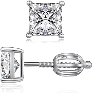 Jiahanzb Rhodium Plated Sparkling CZ Diamond Stud Earrings 925 Sterling Silver Round Cut and Princess Cut 5A+ Cubic Zirconia Stud Earrings | Screw Back CZ Stud Earrings Hypoallergenic Earrings