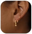 Small Hoop Earrings for Women, 14k Gold Plated Huggie Hoop Earrings Star Stud Earrings Dangle Stackable Earrings Hypoallergenic Gold Earring Set Dainty Gold Hoops Earring Stacks Cartilage Earrings