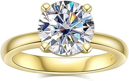 Total 1-3 CT Moissanite Round Engagement D Color VVS1 Round Cut 14K Yellow Gold Plated 925 Sterling Silver Wedding Promise Rings for Wome