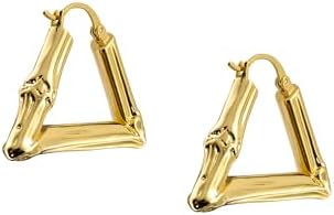 18K Gold Triangle Hoop Earrings with Snap Back for Women, Geometric Bamboo Design