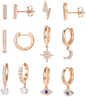 Push-Back Cubic Zirconia Moon Star Dangle & Mini Bar Stud Stainless Steel Earrings Set for Women, Gold-Plated Hoop Design - LOYALLOOK 6 Pairs