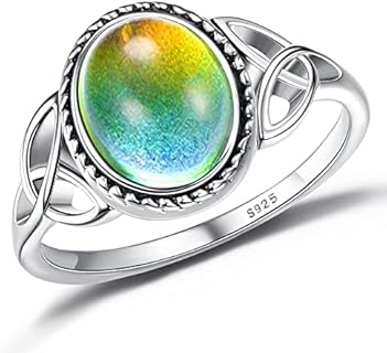 ADRAMATA 925 Sterling Silver Mood Ring for Women Vintage Celtic Knot Rings Jewelry 18K White Gold Plated Oval Solitaire Mood Ring Temperature Control Color Change Mood Ring