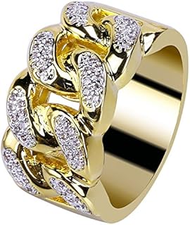 Cuban Link 18K Gold Plated Iced-Out CZ Wedding Ring for Men with Bling Rhodium Crew Design by JINAO