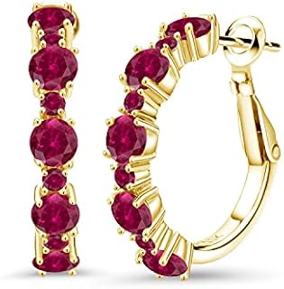 Gem Stone King 18K Yellow Gold Plated Silver Red Created Ruby Hoop Earrings For Women (2.90 Cttw, Round 4MM and 1.9MM, Gemstone Birthstone 1 Inch Diameter)