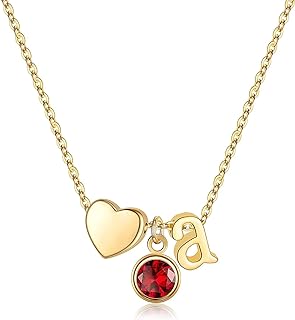 Ursilver Initial Birthstone Necklace for Girls Women, 14K Gold Plated Heart Initial Necklace Birthstone Necklace Heart Initial Birthstone Pendant Necklace Birthstone Necklace Jewelry Gifts for Teens Girls