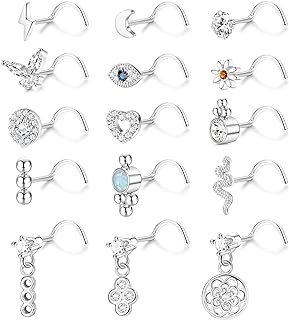 Versatile & Stylish 15Pcs LOLIAS Dangle Nose Rings - 20G Stainless Steel Studs with Cubic Zirconia - L-Shape/Corkscrew Design - for Men & Women