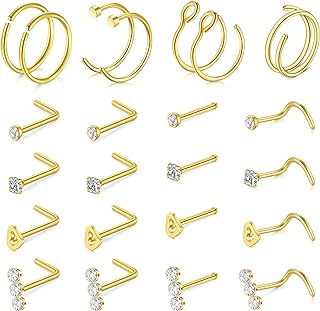 Briana Williams 18G 20G Nose Rings for Women Gold Silver Nose Piercings Nose Rings Hoops Nose Studs Surgical Stainless Steel Hoop L Shape Screw Corkscrew Nostril Piercing Jewelry