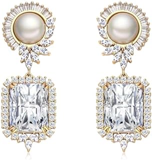 S925 Sterling Silver Emerald Green Pink Crystal Dangle Drop Earrings for Women Girls Vintage Pearl Cubic Zirconia Wedding Bridal Emerald Cut Earrings