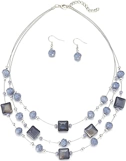 Layered Silver Beaded Necklace for Women Square Crystal Beads Statement Collar Necklace and Earrings Fashion Costumes Jewelry Sets for Women