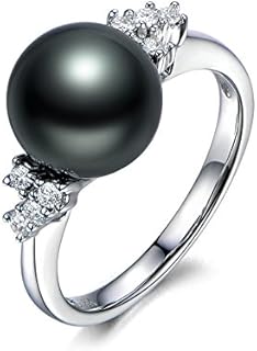 10mm Tahitian Freshwater Black Pearl Cluster Diamond Solid 14k White Gold Solitaire Engagement Ring