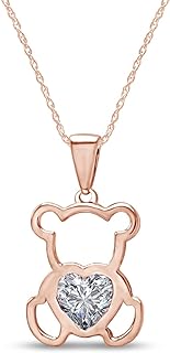 Cute Teddy Bear Pendant Necklace with Sparkling Cubic Zirconia and Spring Ring Clasp for Her, Rose Gold Plated Silver Design Gift Item