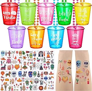 9 Pcs Let's Fiesta Shot Glass Necklaces Bead Cinco De Mayo Necklace Mexican Temporary Tattoos Plastic Shot Glasses Party Necklaces for Mexican Themed Fiesta Party Favors