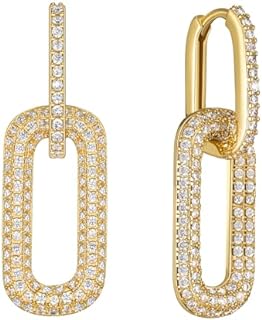 SWEETV 14K Gold Convertible Paperclip Earrings for Women, Cubic Zirconia Dainty Link Huggie Hoop Earrings, Frame Drop Dangle Earrings
