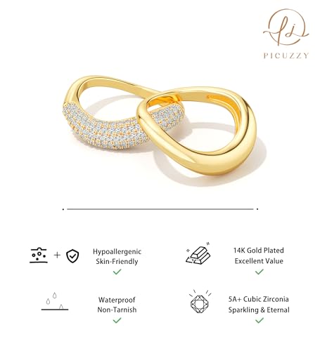 Gold Rings for Women, 14K Gold Plated Wave Rings Stackable Trendy 2PCS Band Ring for Women Cubic Zirconia Ring Set Fashion Jewelry Gift for Women Teen Girls Size 5-10