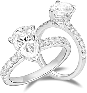 DovEggs Women's Engagement Ring with 3ct Pear-Cut Moissanite & Hidden Halo Design, Crafted in Quality 14k Gold Plated Sterling Silver