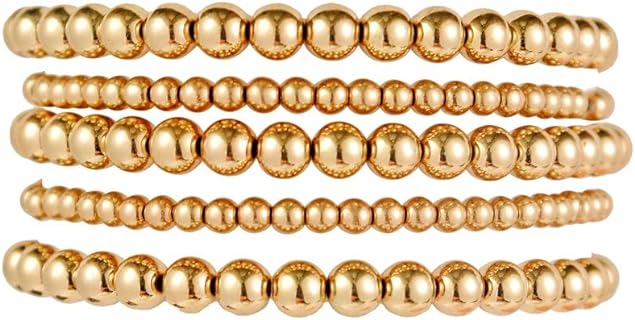 5 Pcs Beaded Stackable Bracelets Set Brass Bead Ball Chain Elastic Bracelets Gold/Silver Stretch Bracelets Stretchable Bangles Friendship Couple Simple Delecate Jewelry for Women Men
