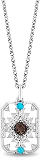 Jewelili Enchanted Disney Fine Jewelry Sterling Silver 4 MM Round Smoky Quartz and 2 MM Cabochon Round Turquoise with 1/8 Cttw Natural White Round Diamonds Pocahontas Pendant Necklace 18" Cable Chain