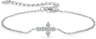 Lobster Claw Sterling Silver Bracelet with Cross Charm, Cable Chain, Moissanite Gem, For Women, Tennis Design