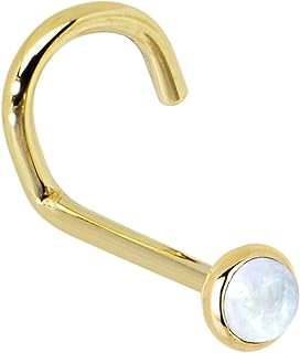 14k Yellow Gold Nose Stud with Rainbow Moonstone, 20 Gauge Screw Design for Left Nostril, Handcrafted in USA