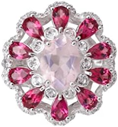 Size 9 Rose Quartz, Rhodolite & White Topaz Engagement Ring in 925 Sterling Silver by YoTreasure