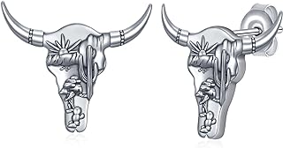 Screw-Back Longhorn Stud Western Earrings in 925 Sterling Silver for Women, Cow Skull/Bull Design Jewelry