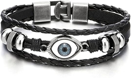 Unisex Three-Row Synthetic Leather Evil Eye Bead Charm Bracelet with Easy Hook Clasp and Bead Chain by COOLSTEELANDBEYOND