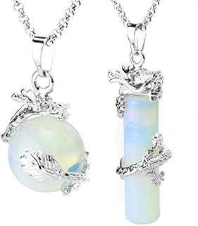 BEADNOVA 2pcs Dragon Wrapped Round Ball Cylinder Gemstone Necklace Crystal Healing Couple Pendant Necklaces Set