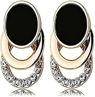 Trendy Earrings for Women 2024 Black Gold Hoop | Triple Circle Diamond Earrings | Chunky Gold Earrings (Pack of 01)