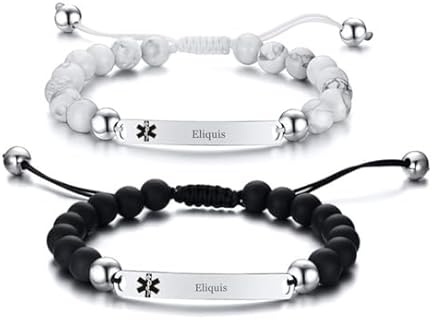 2 Pcs Medical Alert Bracelets for Men & Women Teens with Free Engraving Adjustable Stainless Steel Black White Beaded Onyx Emergency Medical ID Bracelets with Medic Wallet Insert Card