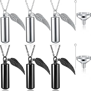 MTLEE Urn Necklace for Ashes Cremation Jewelry for Ashes, 6 Pieces Stainless Steel Cremation Jewelry for Women Men, Memorial Necklace Angel Keepsake Cylinder Pendant with Filling Kit