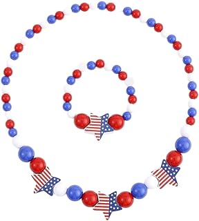 Red White Blue Necklace Set For Women Men Chunky Bead Necklace America Flag Star Stripes Bead Independent Day Bracelet 4th of July Patriotic Jewelry Gifts