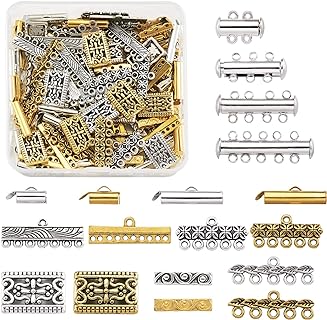 Pandahall 148 Pcs Tube Brass Slide On End Clasp & 2-5 Strands Jewelry Slide Lock Clasps & Tibetan Style Alloy Links/Connectors & Rectangle Spacer Beads for Bracelet Necklace Jewelry Making