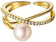 Faux Pearl Cross Statement Rings Sterling Silver 925 Dainty Cubic Zirconia Crystal Rhinestone Layered Promise Engagement Wedding Ring Open Finger Band Adjustable Delicate Jewelry Gifts for Women Girls BFF