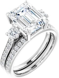 Eternity Clasp 3 CT Emerald Cut Moissanite Engagement Ring Set in Sterling Silver for Women, Timeless and Elegant Bridal Set