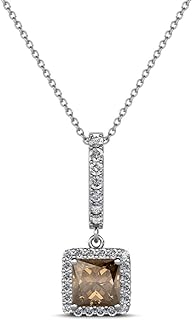 14K White Gold Pendant Necklace with Princess Cut Smoky Quartz & Round Diamonds for Women - Elegant Design with 18" Chain
