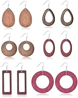 Afeiyaa Women's Bohemian Retro Stainless Steel & Wood Teardrop Statement Stud Earrings, 4-6 Pairs