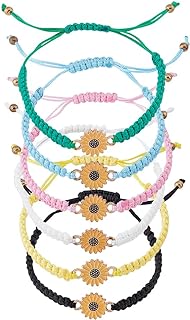 6 Colors Cute Sunflower Bracelets Set Link Braided Bead Bracelets Boho Gerbera Adjustable Bracelets Handmade Rope Friendship Matching Bracelets for Women Girls Friends