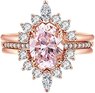 Pink Cubic Zirconia Wedding Ring Set for Women by LAZLUVU with Oval White Opal and Rose Gold Plated Bands – Perfect for Stacking or Regular Wear