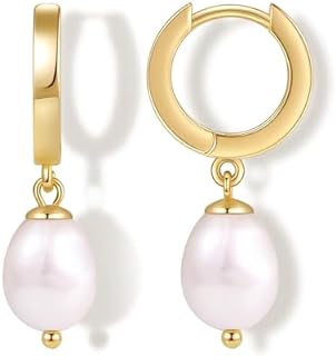 Fiusem Pearl Earrings for Women, 14K Gold Plated Small Hoops and Pearl Dangle Earring With 925 Sterling Silver Post