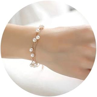 Wedding Charm Rose Gold Stackable Imitation Pearl Strand Anklet Link Chain Bracelet Bangle for Bridal