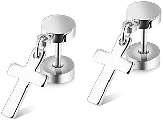 18G Barbell Cross Drop Stainless Steel Stud Earrings for Women Girls Men Hypoallergenic Piercing Dumbbell Ball Screw Studs Cartilage Tragus Fashion Punk Fake Jewelry Faith Gifts for Friends