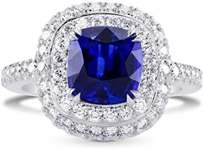 Platinum Clasp Diamond Engagement Ring with Sapphire Side Stones, Ideal Anniversary/Birthday Gift for Her, Natural Gem, Cushioned Design