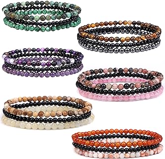 CASDAN 18 PCS 4mm Mini Semi-Precious Gemstones Beaded Bracelets for Women Men Healing Stone Bracelet Crystal Beaded Bracelet Adjustable Elastic Stretch Bracelet Unisex Jewelry Gifts