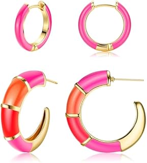 Subiceto 2 Pairs Small Hoop Earrings for Women 18K Gold Plated Hypoallergenic Cute colorful Enamel Huggie Earring Chunky Gold Hoop Earrings Statement Summer Earrings Trendy