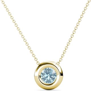 Round Aquamarine 1/2 ct Donut Bezel Set Womens Solitaire Pendant Necklace Included 16 Inches 14K Gold Chain