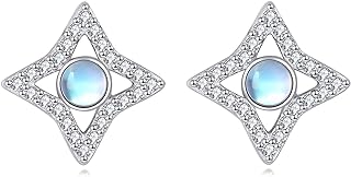 925 Sterling Silver Star Stud Earrings with Zircon and Moonstone Gems, La Pousette Back Finding for Women and Girls