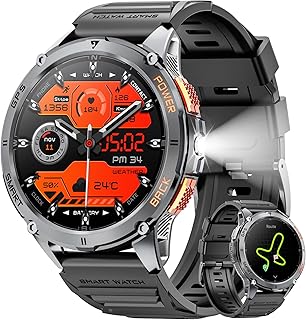 【スマート ウォッチ コスパ 最強】AMOLED画面とGPS内蔵、1.43インチ耐衝撃性でIP68防水。高輝度懐中電灯付きで男性向け。