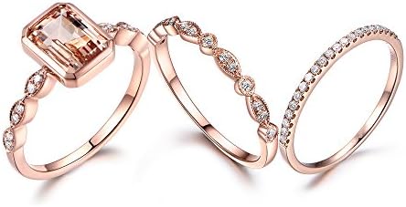 Emerald Cut Pink VS Morganite & Natural Diamond Ring Set in Solid 14K Rose Gold, Size 4 - Elegant Promise or Bridal Band for Women